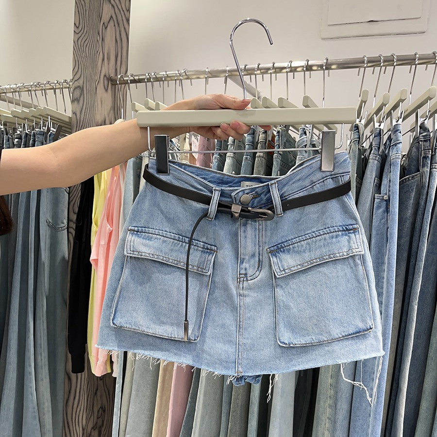 line Short Denim Skirt Pants