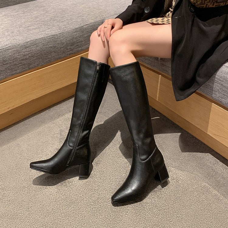 Block Heel Square Toe Side Zipper Boots Cowhide Mid-heel