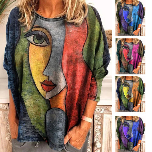 Efterår Og Vinter Trykt Ansigt Kunst Langærmet T-shirt