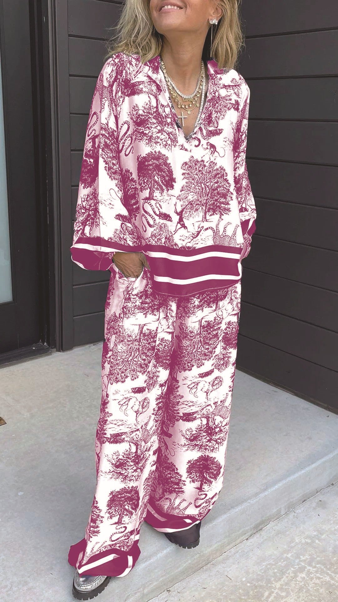 Expert V-neck Printed Long Sleeve Pocket Casual Women's Suit