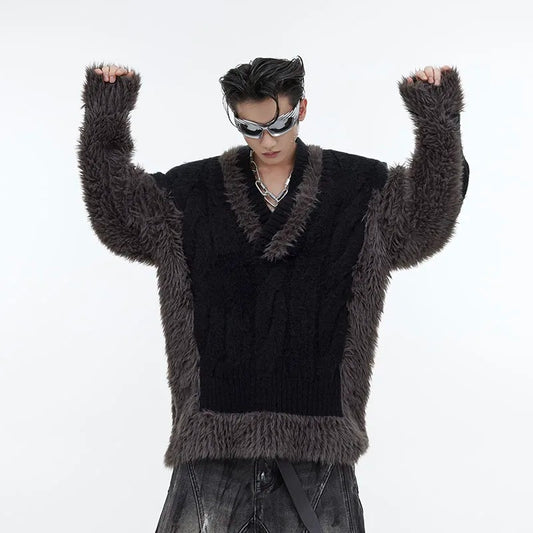 Men's Niche Plush Patchwork Knit Sweater Loose Sweater
