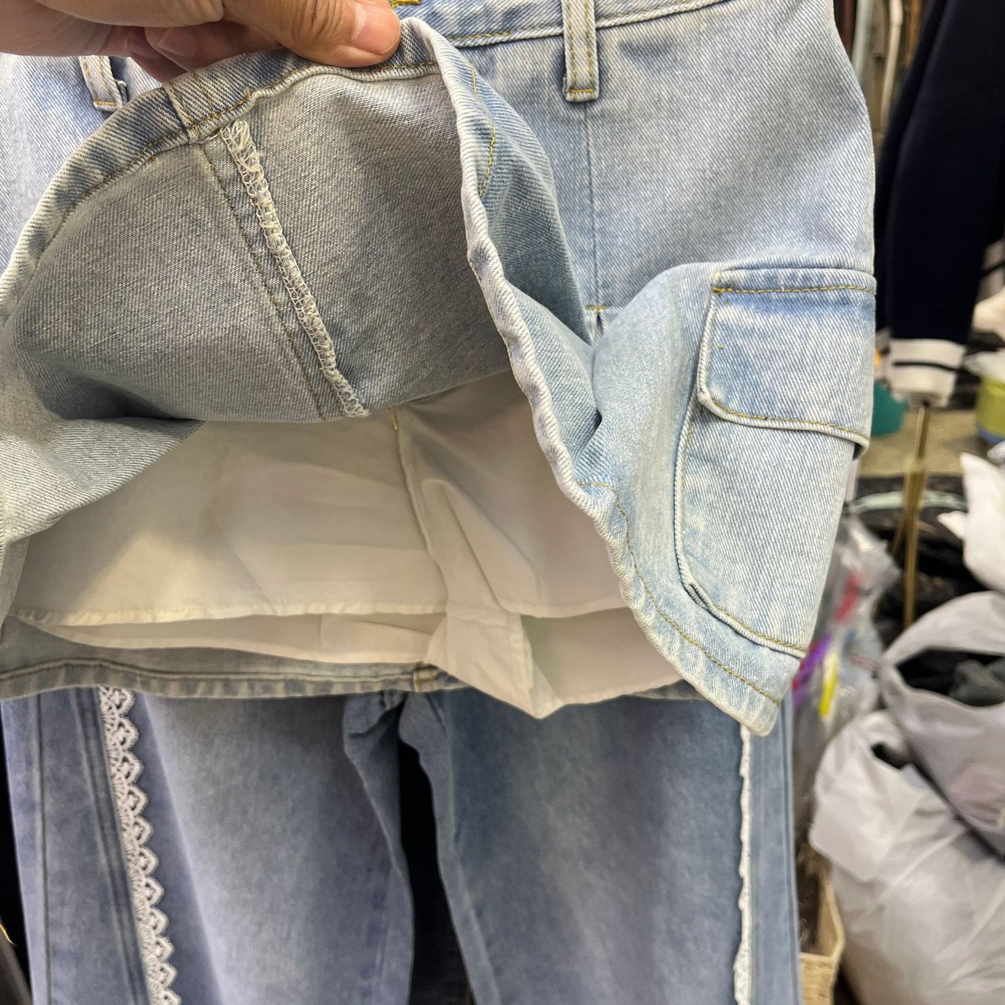 Hong Kong Style Retro A- Line Denim Skirt High Waist Pleated