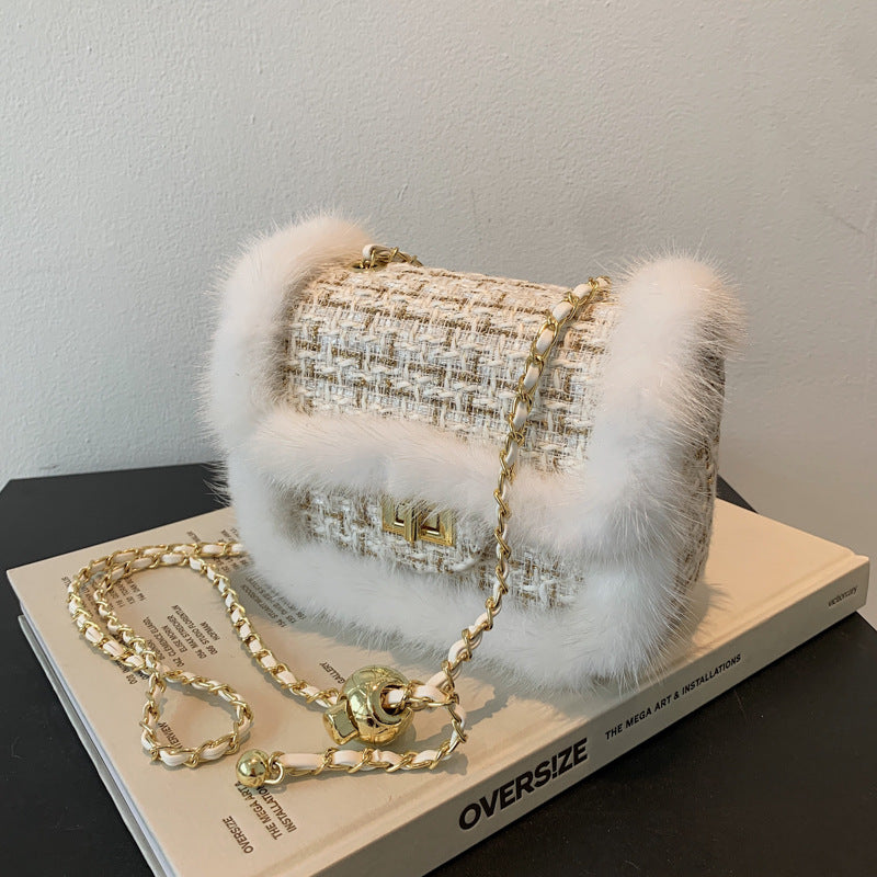 Checked Plush Side Small Gold Bead Metal Small Square Bag
