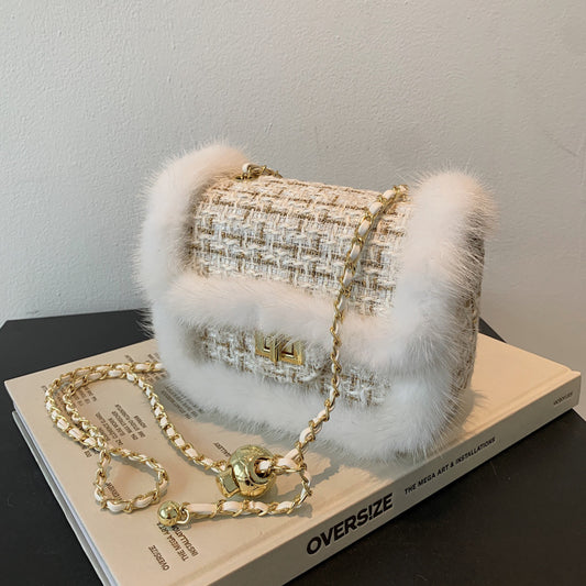 Checked Plush Side Small Gold Bead Metal Small Square Bag