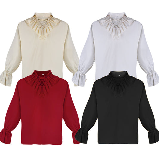 Pleated Puffy Sleeve Lapel Top Vintage Men's Shirt