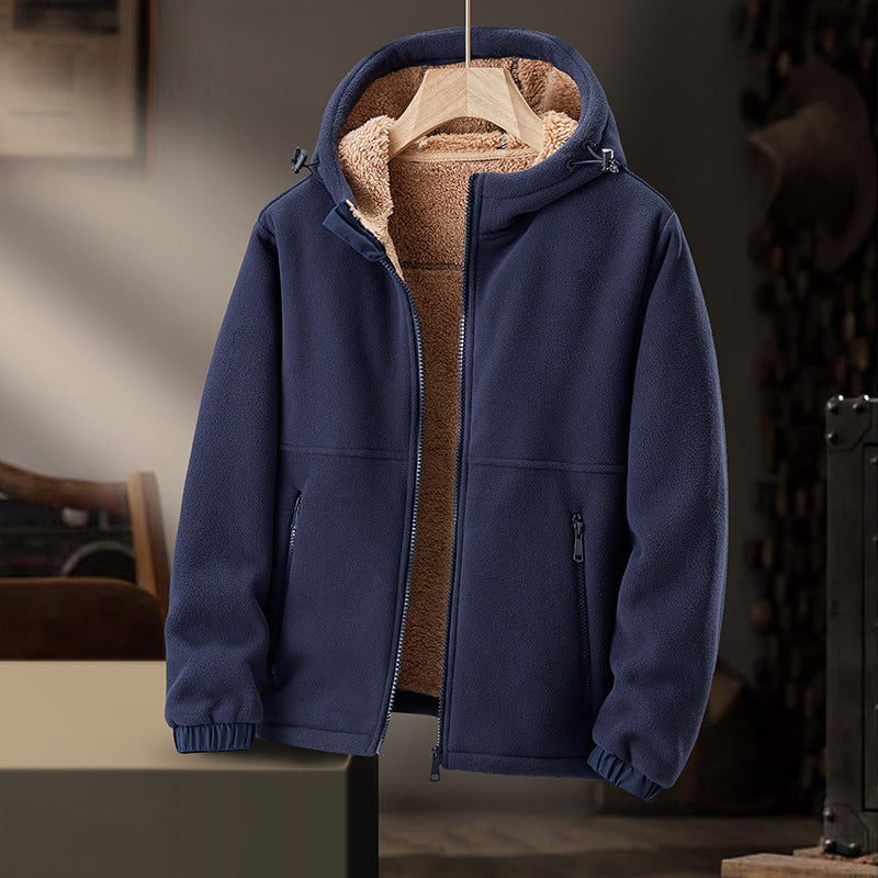 Men's Fleece Casual Hooded Lamb Wool Thickened Warm Cardigan Coat
