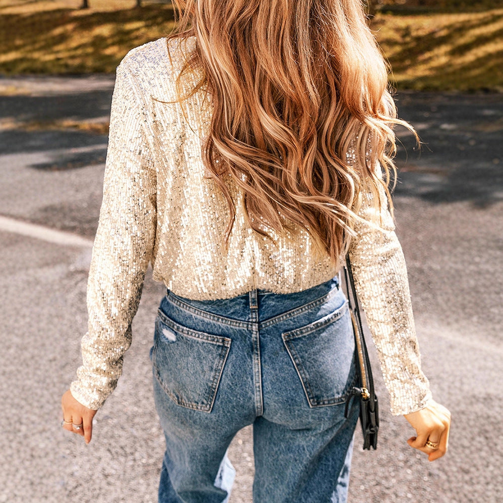 Euro-American Trendy Sequin V-neck Long-sleeve Bodysuit