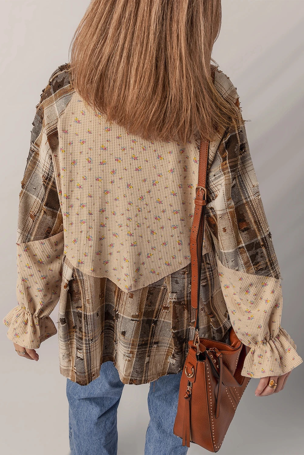 Women's Distressed Detail Ruffle Sleeve Plaid Shirt