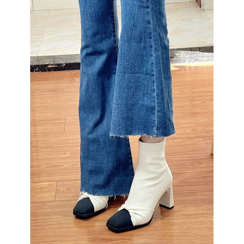 White Chunky Heels Bow Color Matching High Heel Boots
