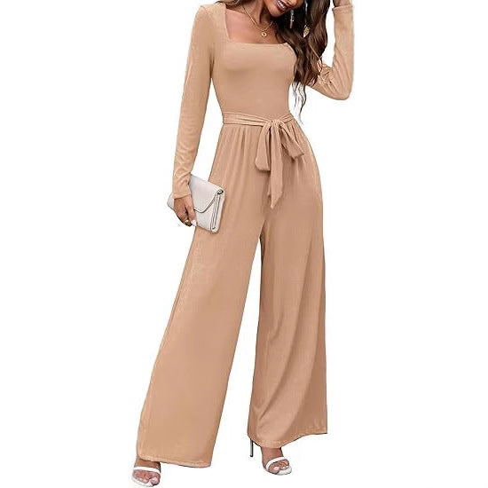 Fashionable Long-Sleeve Square-Neck Casual Jumpsuit With Waist Belt And Wide-Leg Pants