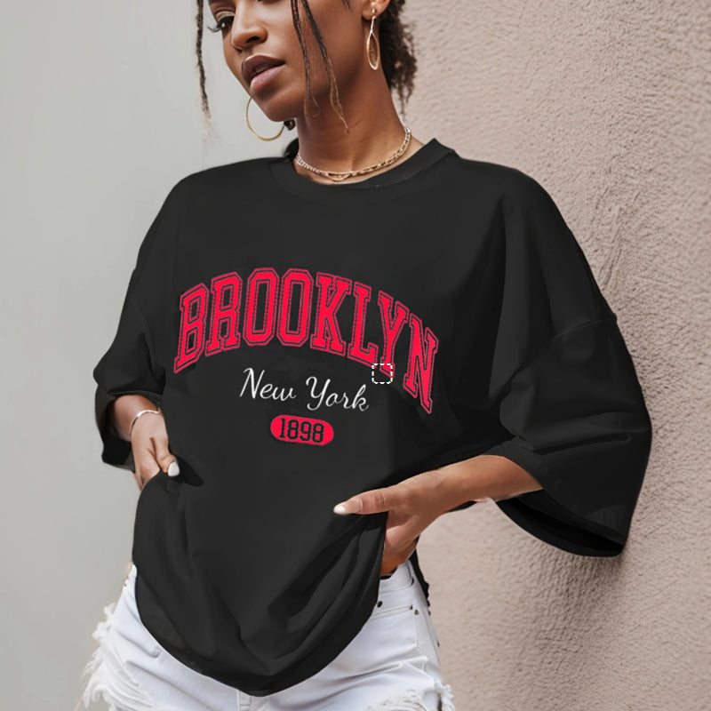 Printet T-shirt til kvinder med sænkede skuldre, sommer, mode, afslappet, kvindetop, "Idle Style"
