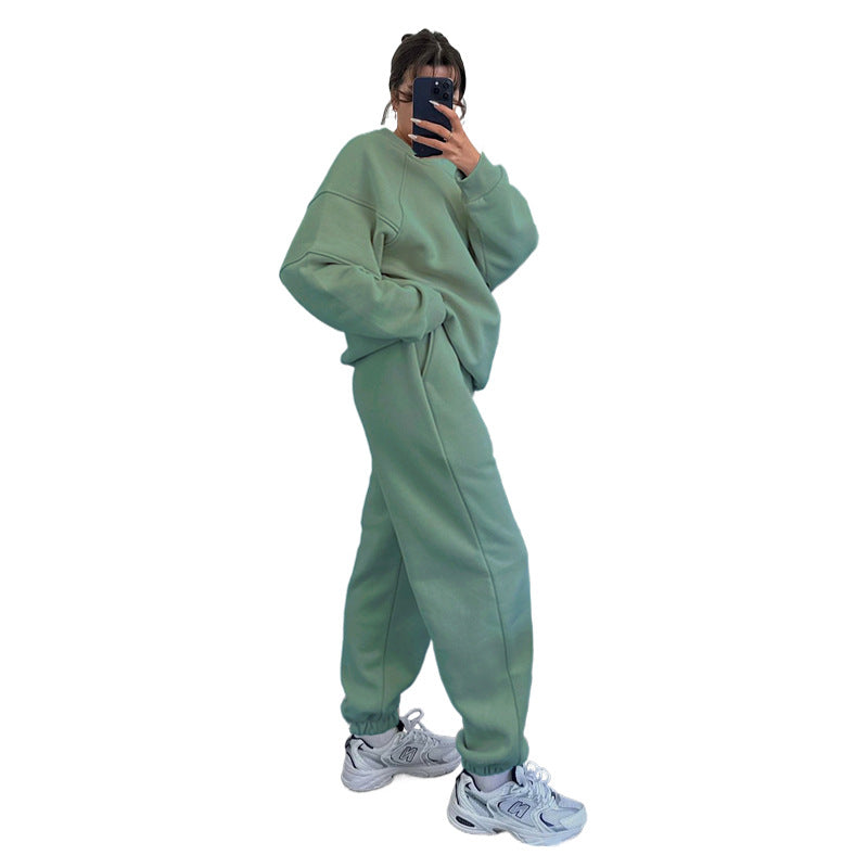 Solid Color Round Neck Long Sleeve Sweatshirt Women's Fashion Casual Loose Pants Suit