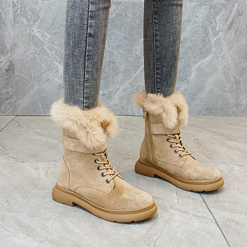 020 Winter British Snow Boots Women Plus Velvet Thick Rabbit Fur