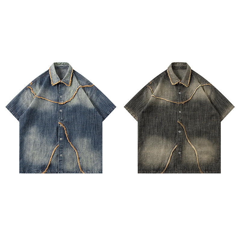 Worn Looking Washed-out Gradient Design Sense Denim Short Sleeve Shirt Men