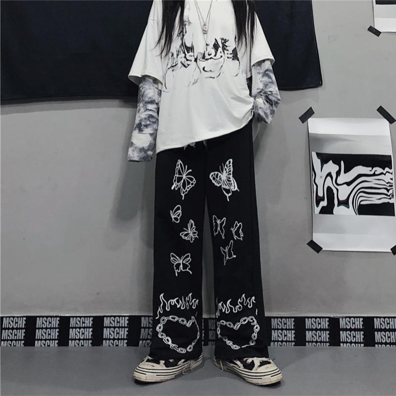 Retro Butterfly Print Wide Leg High Waist Women's Casual Pants