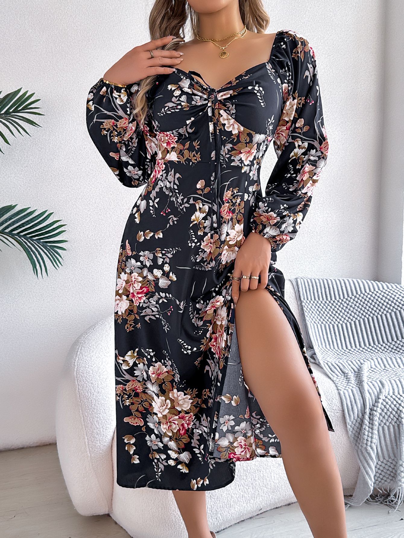 Womens Sexy Lace-Up Knot-Details Floral Long-Sleeve Slit Dress