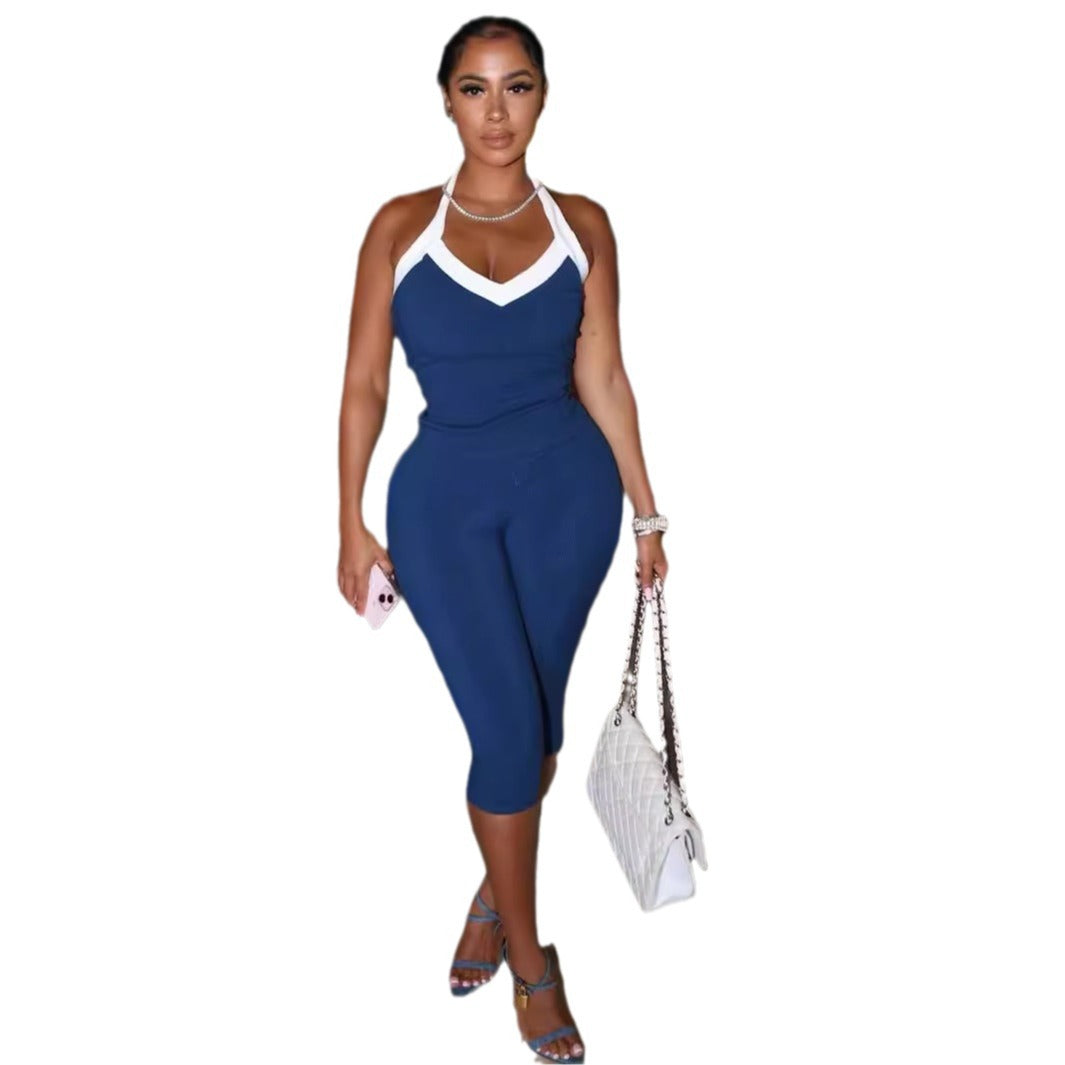 Elastic Contrast Color Halterneck Vest Suit For Women