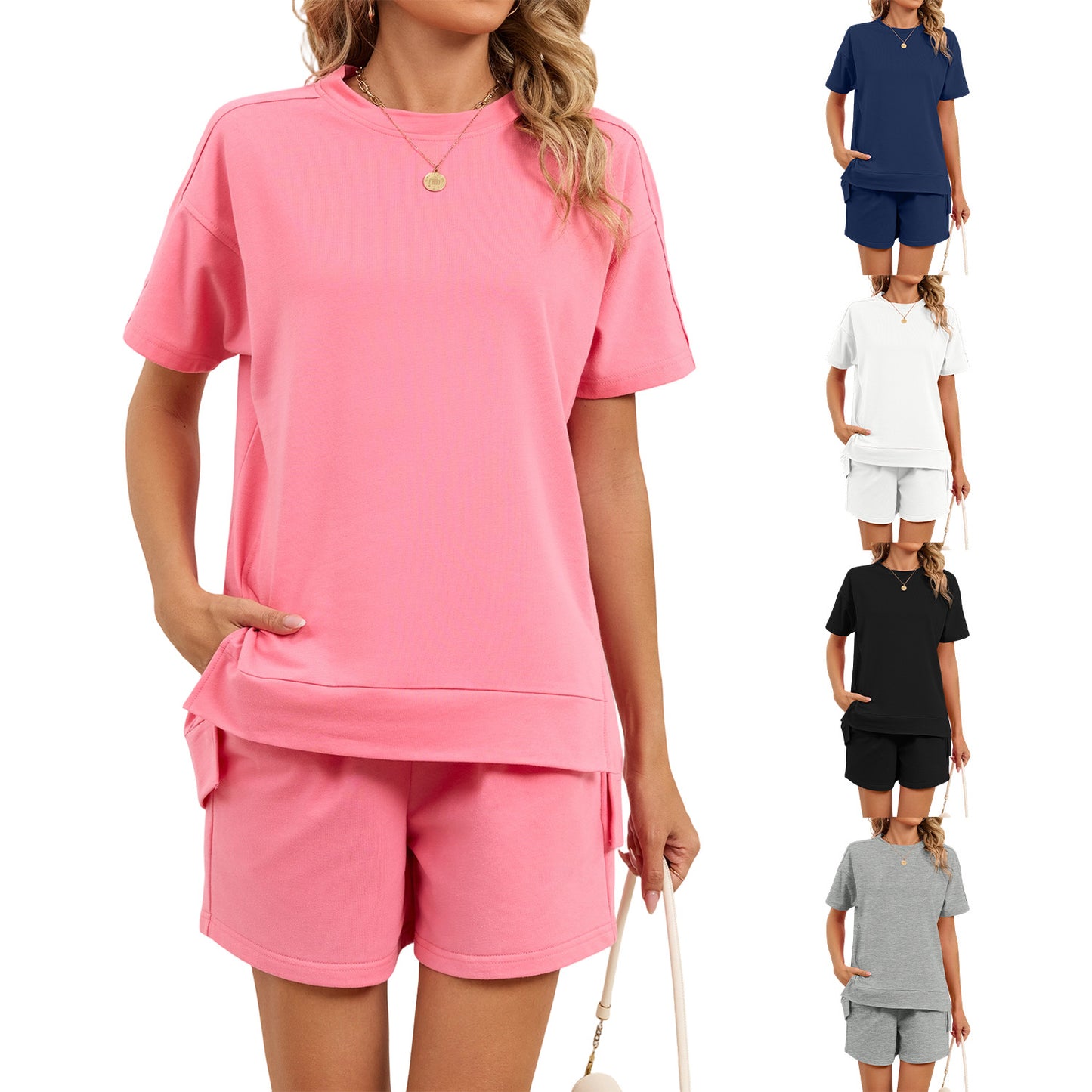 Crew-neck Slit Loose-fitting Top T-shirt With Pockets And Drawstring Shorts
