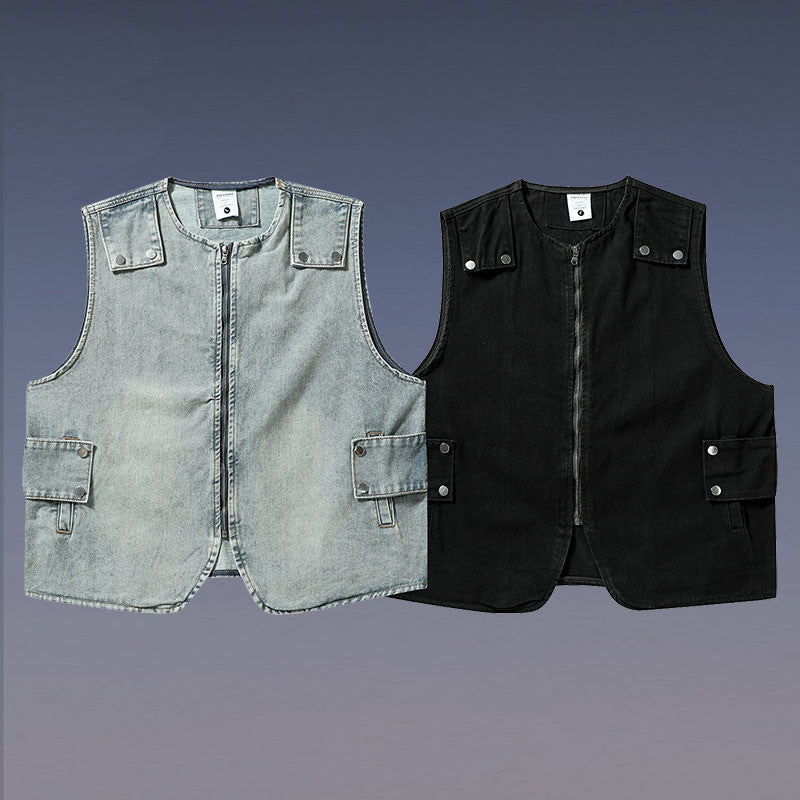 Retro Distressed Tooling Denim Vest Coat