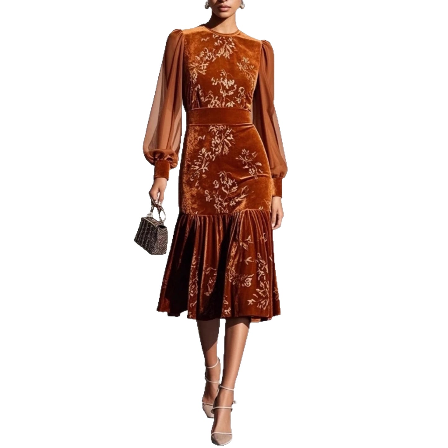 Womens Autumn Winter Caramel Velvet Mermaid Dress