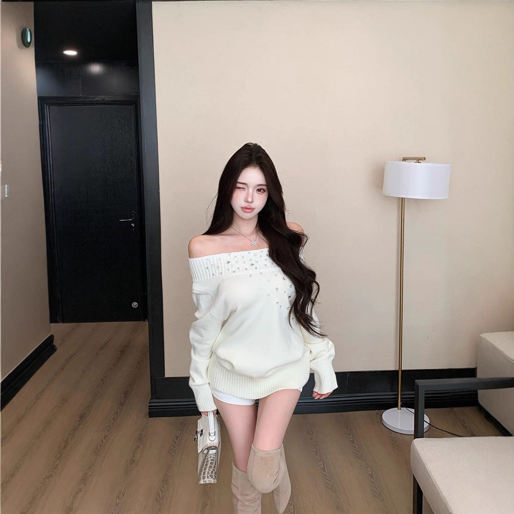 Heavily Embellished With Rhinestones Long-sleeved Pullover Sweater