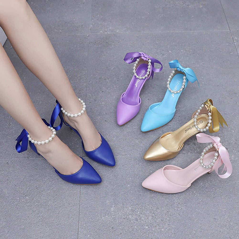 Mid Heel Rhinestone  7cm    Beaded Ribbon Sandals Matte Soft PU Leather Dress Shoes For Women
