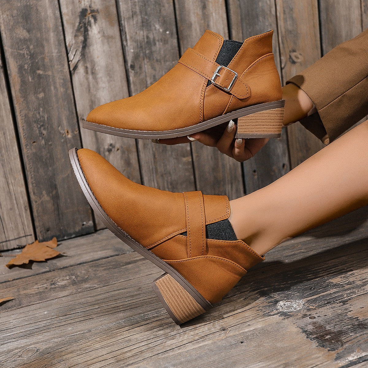 Roman Style Thick Heel Pointed Belt Buckle Casual Boots