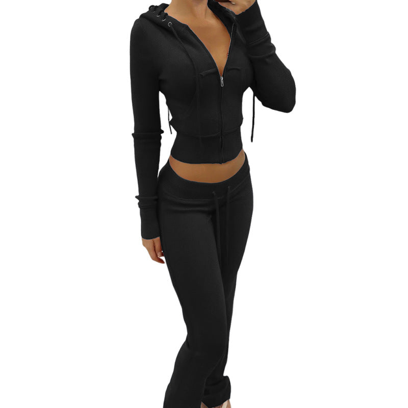 New Autumn Womens Tie-Neck Hooded Zipper Ribbed Long-Sleeve Solid-Color Slim-Fit Sporty Tracksuit