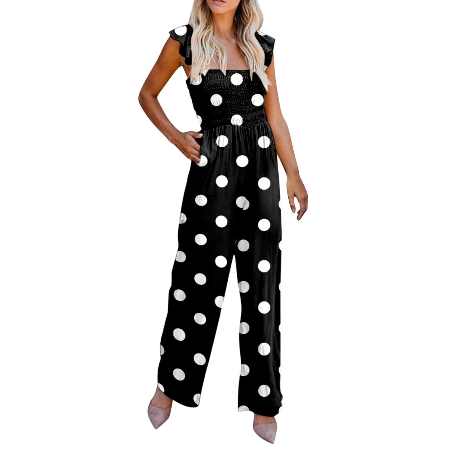 Women's Casual Ruffled Shoulder Straps High Waist Solid Color Wide Leg Jumpsuit