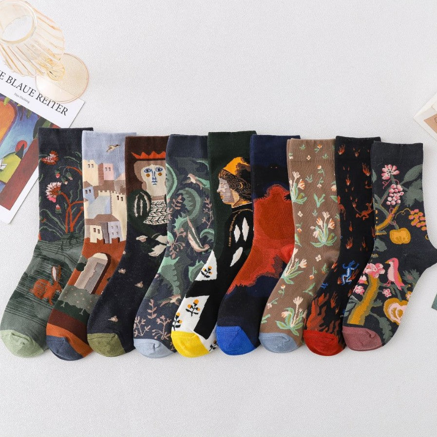 Trendy Mid-calf Length Socks Preppy Style Stockings Artistic Illustration Socks