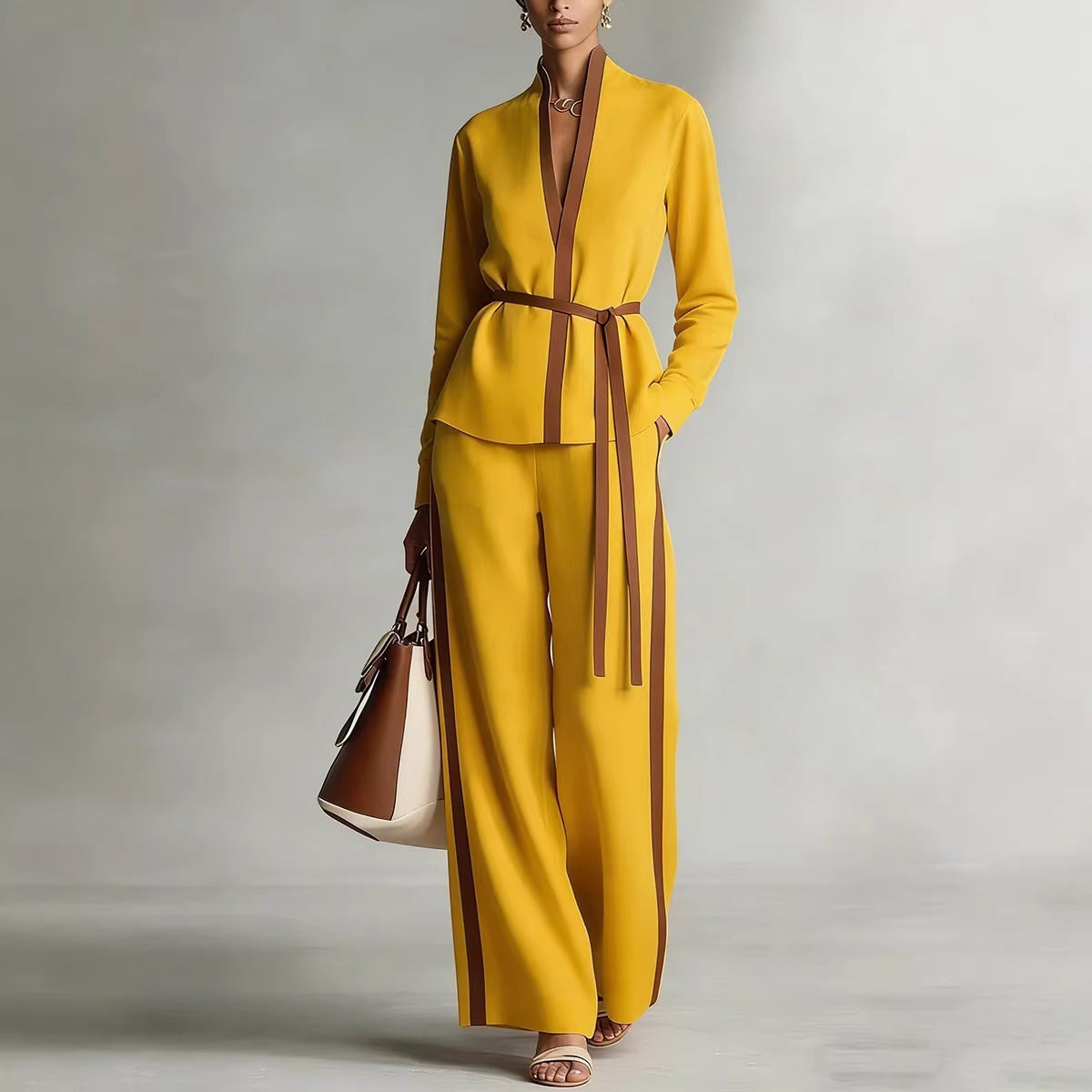 Women's Casual Patchwork Cardigan Shirt And Wide-Leg Pants Set