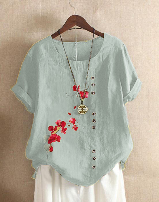 Retro Cotton And Linen Printed Loose Casual Shirt Short-sleeved T-shirt For Women