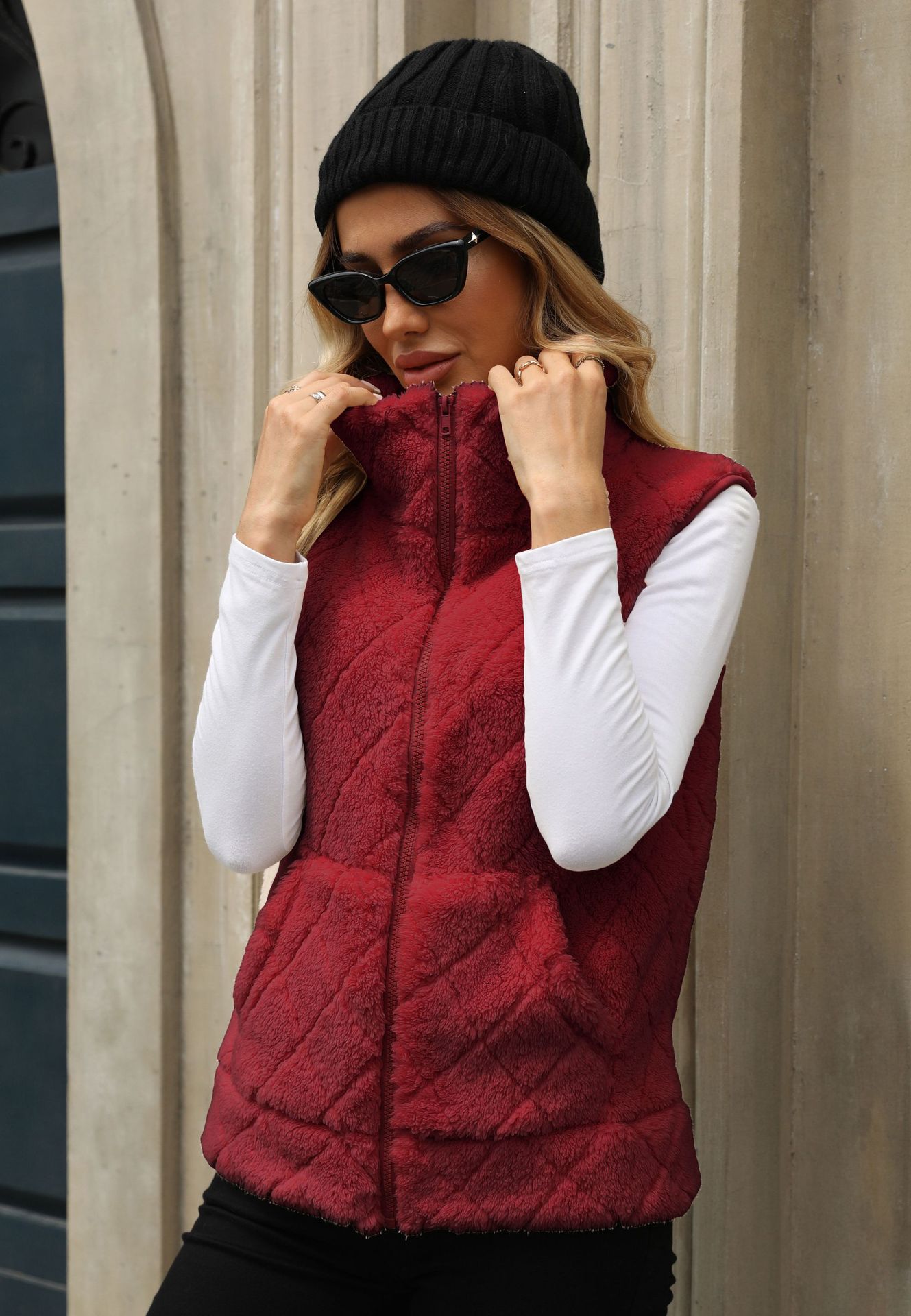 Women's Clothing Cardigan Zipper Loose Diamond Lattice Coat Plush Vest