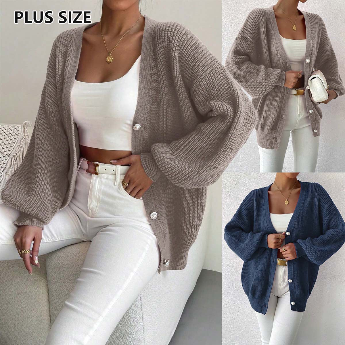 Women's Solid Color Loose-fitting Large Size Knitted Cardigan Sweater