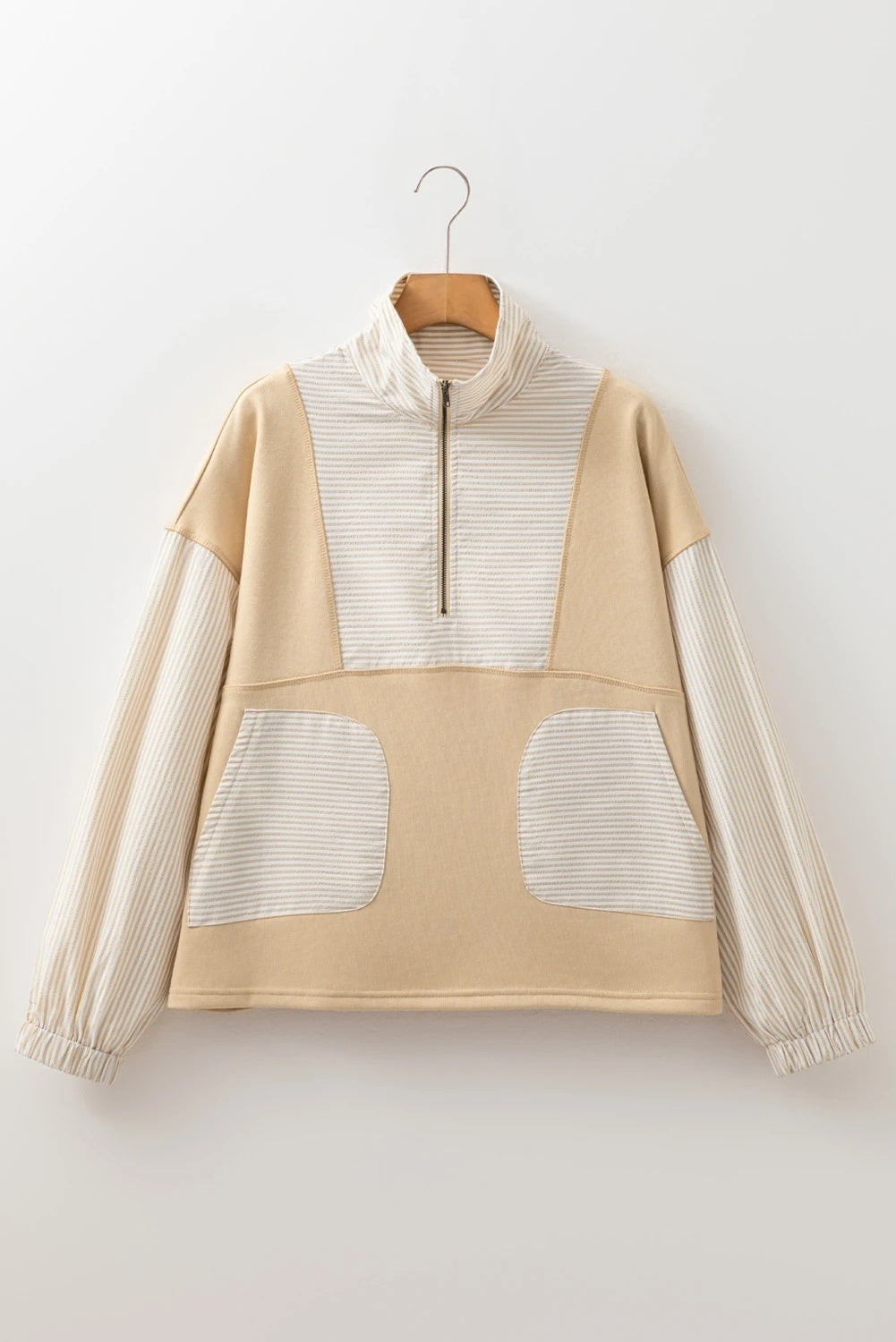 Zipper Stripes Patchwork Cold-shoulder Loose Long Sleeve Top