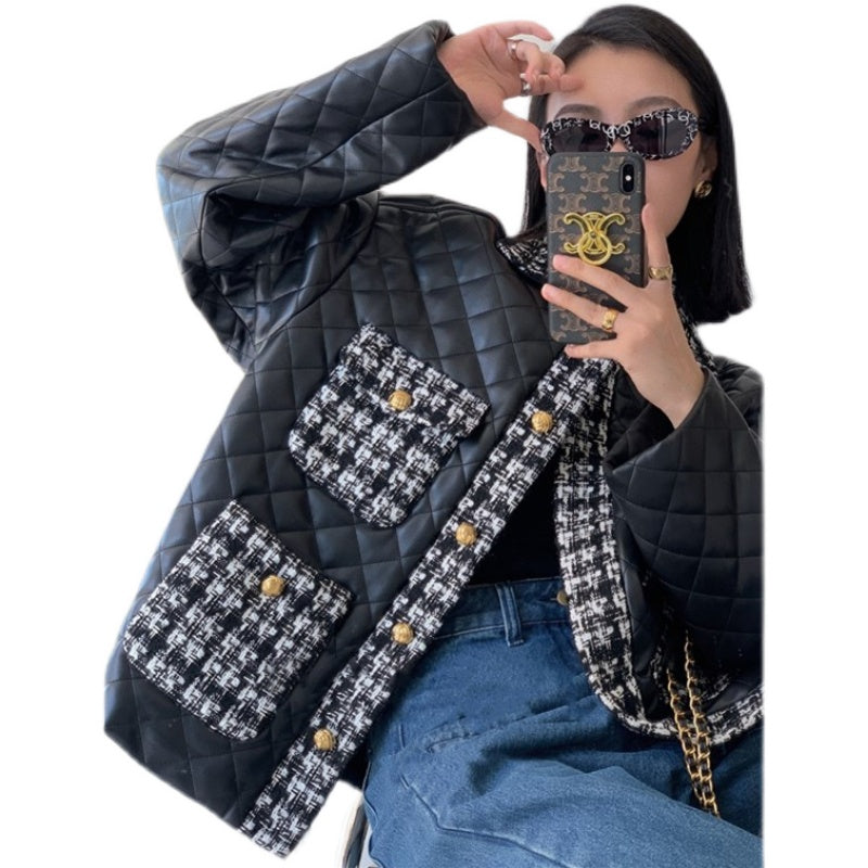 Small Fragrant Tweed Diamond Plaid Pu Leather Cotton Jacket Women's Lapel Jacket