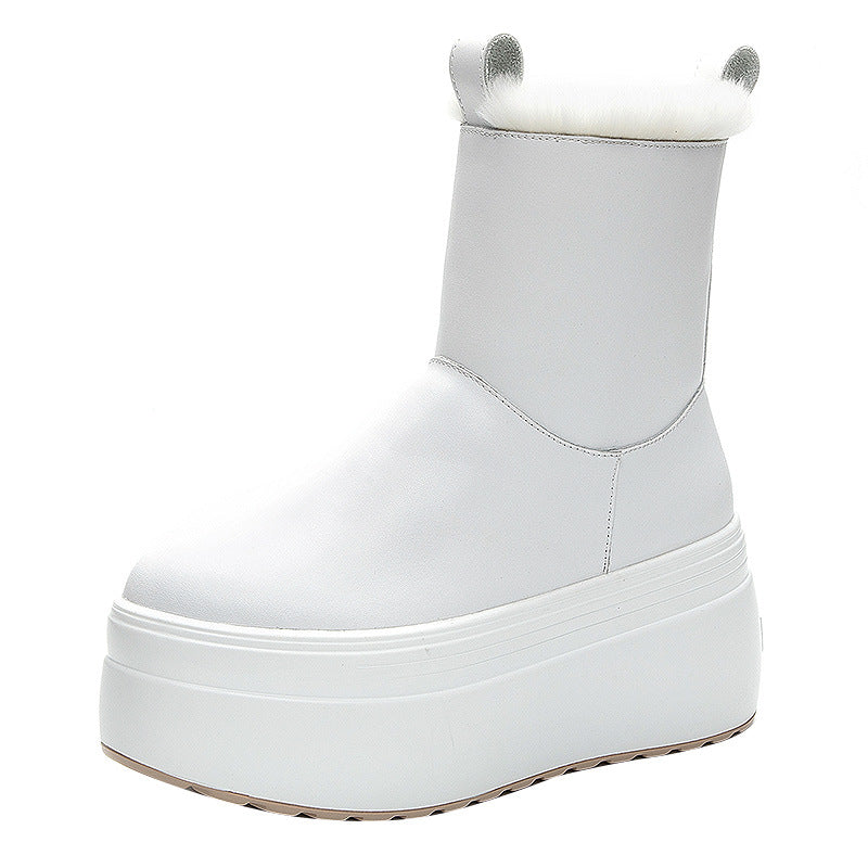 Short Boots Women's Plus Velvet Real Fur Warm Snow Cotton Thick Bottom Muffin Leather Medium Tube Simple