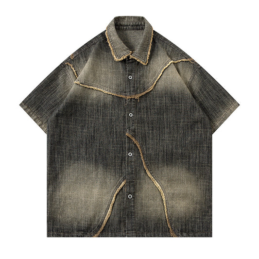 Worn Looking Washed-out Gradient Design Sense Denim Short Sleeve Shirt Men