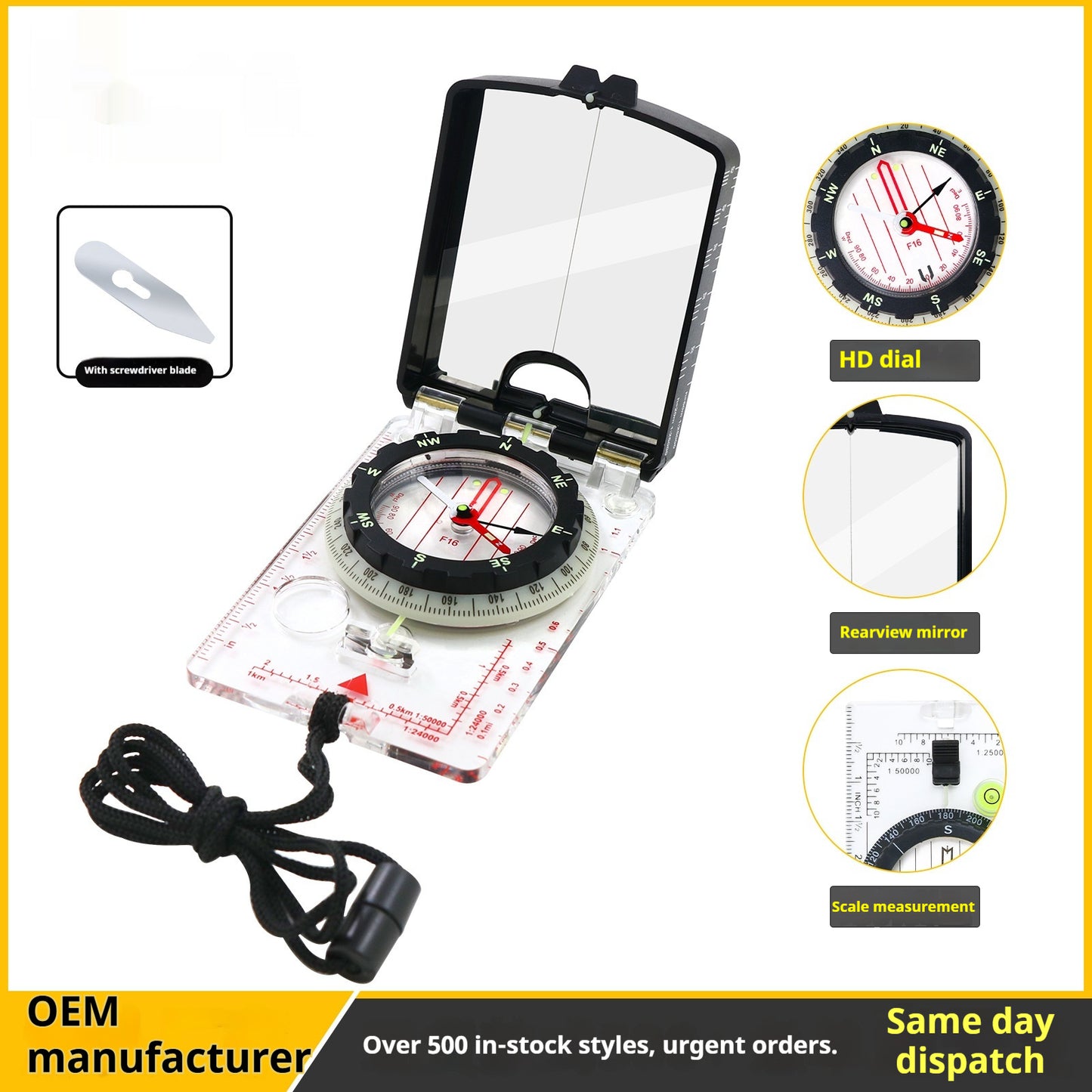 Luminous Waterproof Map Ruler Compass For Students Featuring A Mirror And Adjustable Magnetic Declination