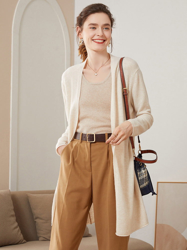 Ribbed Solid-Color Cashmere Knit Cardigan For Women Long-Sleeve Mid-Length Outerwear