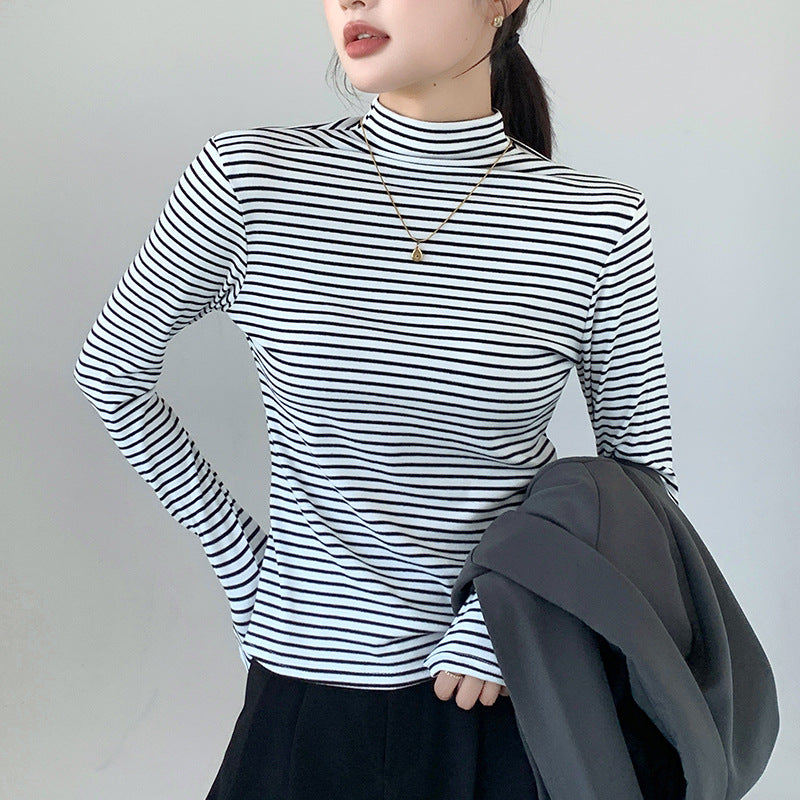 Half Collar Top Pinstripe Long-sleeved T-shirt