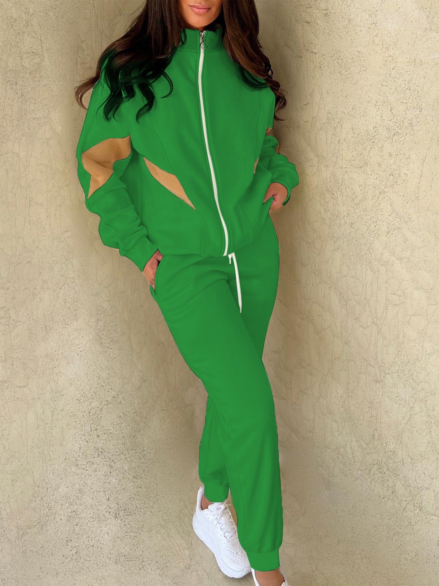 Versatile Color-blocked High-neck Jacket And Tapered Pants Two-piece Set