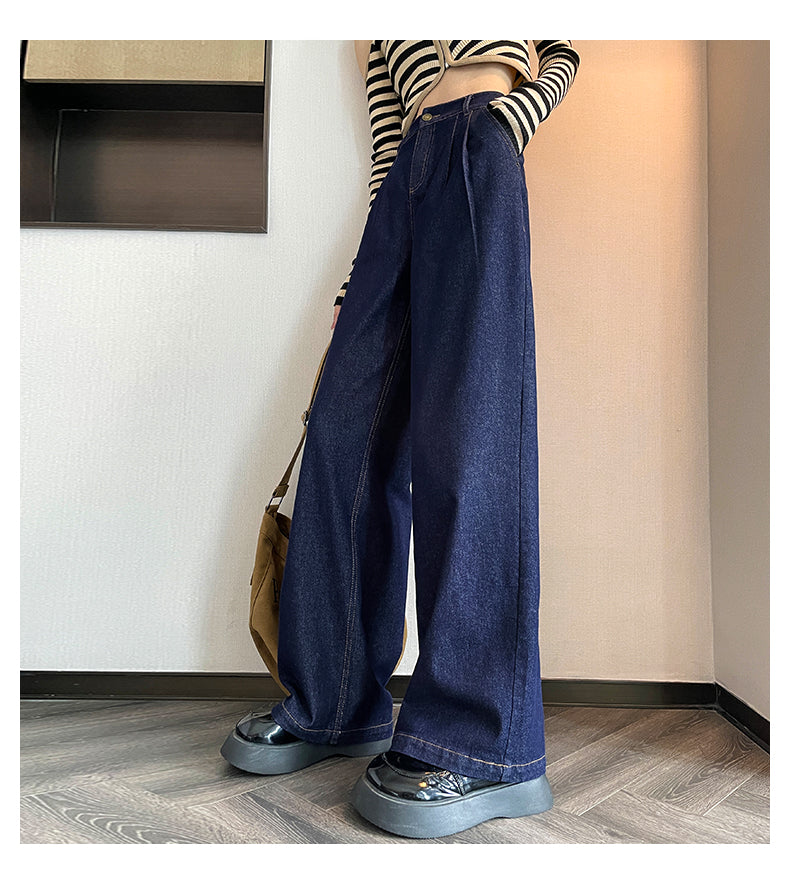 Dark Blue Jeans Women's Autumn Loose Large Size Wide Legs