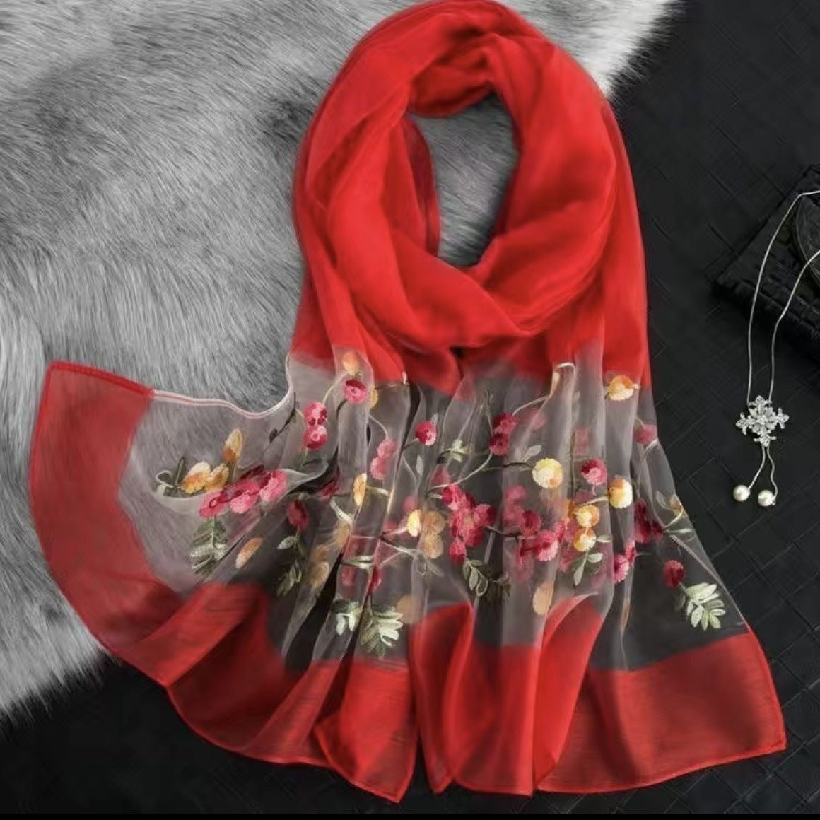 Elegant Versatile Embroidered Silk Scarf For Women Thin