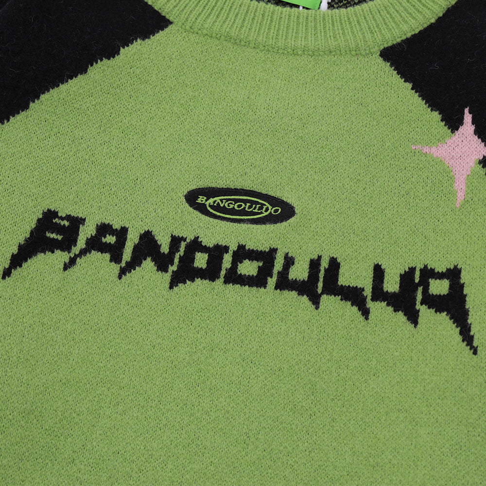 National Fashion Stitching Contrast Color Jacquard Round Neck Sweater