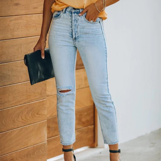 Dame Retro Denim Ripped Ankel-lange Casual Bukser