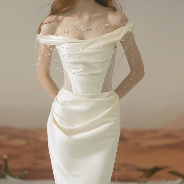 White Simple Outerwear Yarn Satin Off-shoulder Fishtail Dress