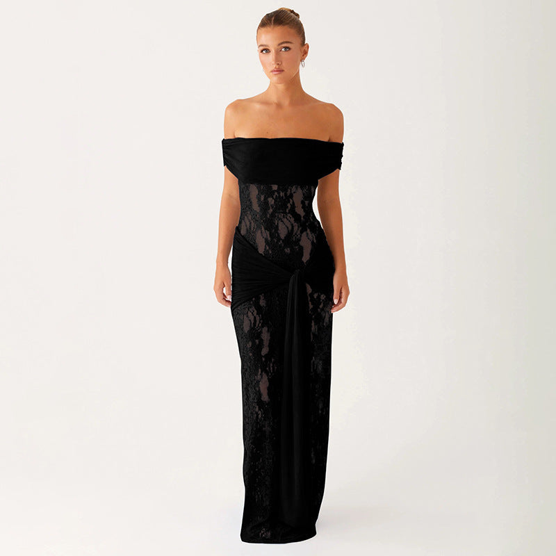 Sexet Off-Shoulder Kjole Til Kvinder Med Gennemsigtigt Mesh Og Blonder