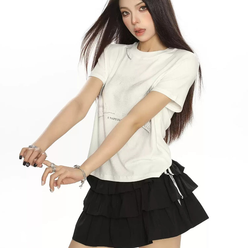 Printed Shoulder Short-sleeved T-shirt For Women Summer Idle Style