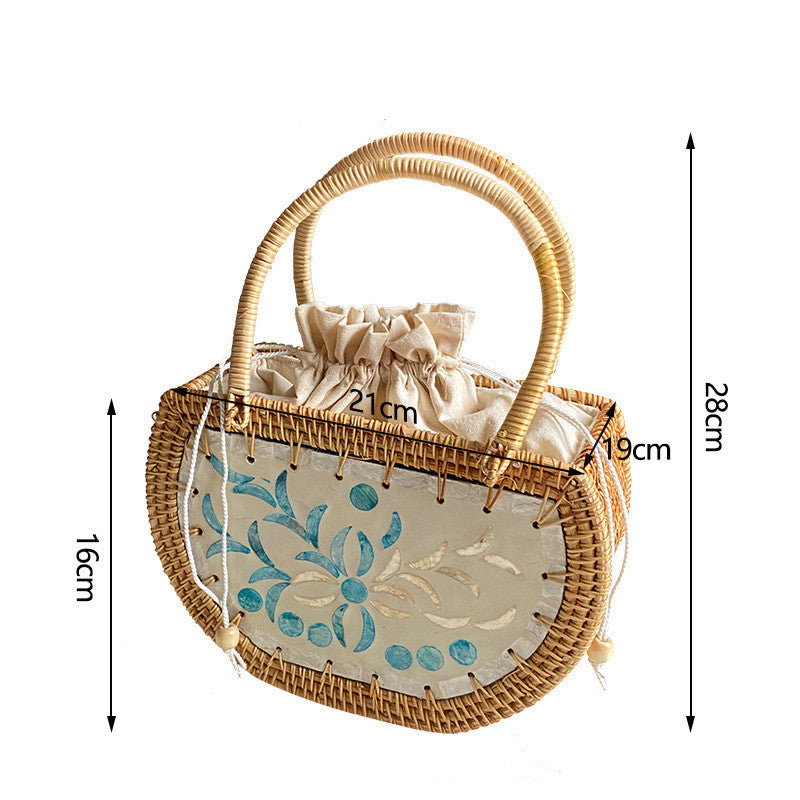 Women's Fashion Handmade Cabas Shell Rattan Storage Picnic Bag